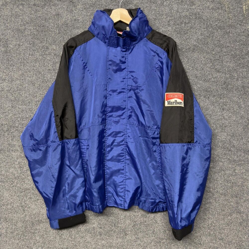 Vintage Marlboro Unlimited Jacket Mens XL Blue Hooded Nylon Lined Windbreaker